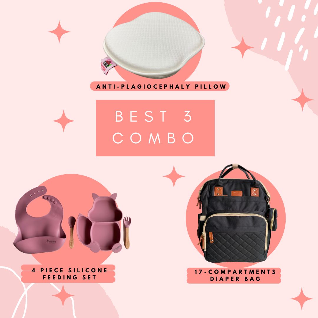 Best 3 Combo (Pillow + Diaper Bag + Silicone Feeding Set)