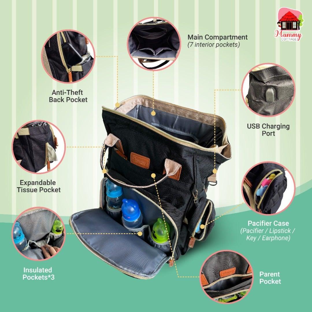 MummyCottage 17-Compartments Diaper Bag with USB Charging Port - Mummy Cottage