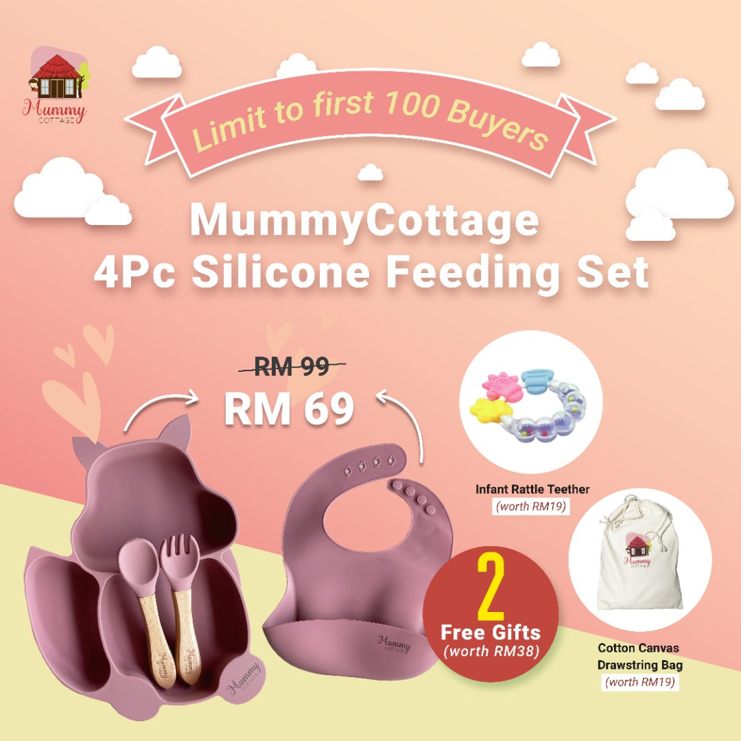 MummyCottage 4PC Silicone Feeding Set | BPA Free, 100% Food-Grade Silicone, Microwave Oven Safe